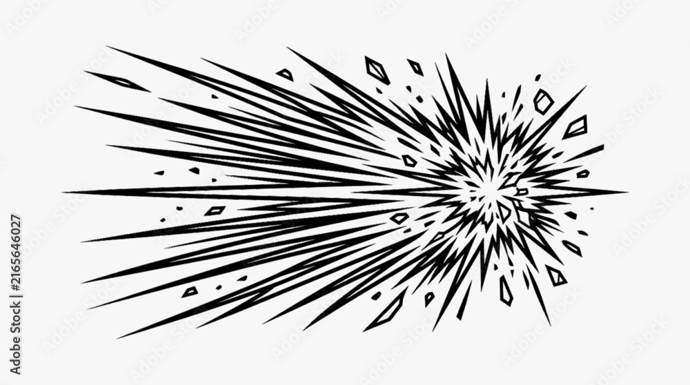 Fototapeta premium Blue comic book style explosion vector illustration with jagged starburst shapes, speed lines, shards, and clouds representing a collision or impact effect on a light background.