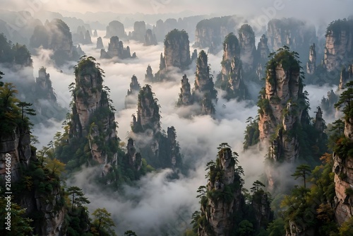Misty mountain peaks forest canopy