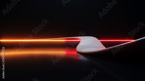 Abstract glowing light curve with white sphere on black background