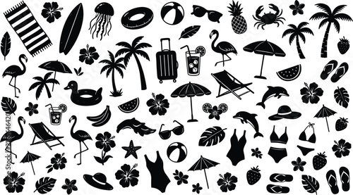Summer beach vacation silhouette icon set vector tropical elements collection palm tree flamingo swimsuit umbrella luggage layout design.eps