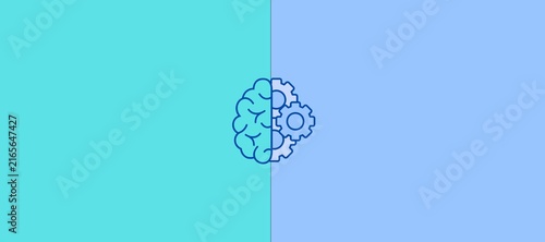 Konstfotografi A minimalist panoramic line art vector banner illustration of a human brain split into an organic left hemisphere and functional right gears centered over a split blue background template