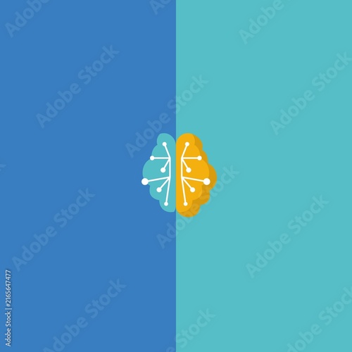 Konstfotografi A square minimalist vector illustration of a human brain split symmetrically into light blue and orange hemispheres with digital circuit network lines over a dual-toned background