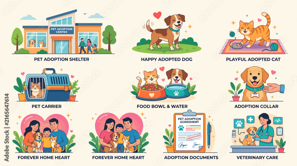 Naklejka premium Pet adoption center and animal rescue vector set featuring dogs, cats, shelters, and veterinary care illustrations