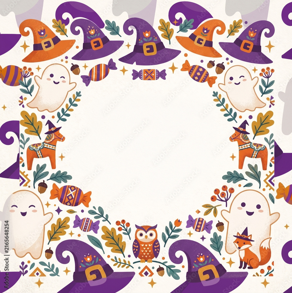 Fototapeta premium Cute Vintage Halloween Pattern with Ghosts, Witch Hats, Candy, Foxes and Owls