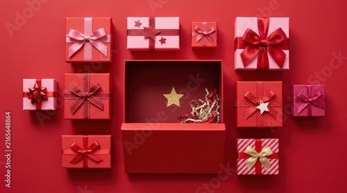 Elegant Red and Pink Christmas Gift Boxes with Open Box and Gold Star on Red Background