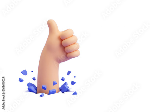 Illustrazione 3D di una mano stilizzata che emerge da una superficie rotta facendo il gesto del pollice in su, simbolo di approvazione, successo e feedback positivo su sfondo bianco.