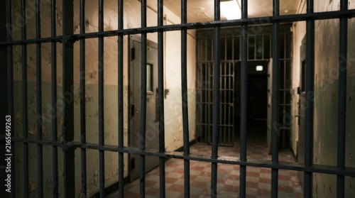 Prison corridor behind metal bars. Empty jail cell block hallway with locked gate. Criminal justice, imprisonment and punishment concept