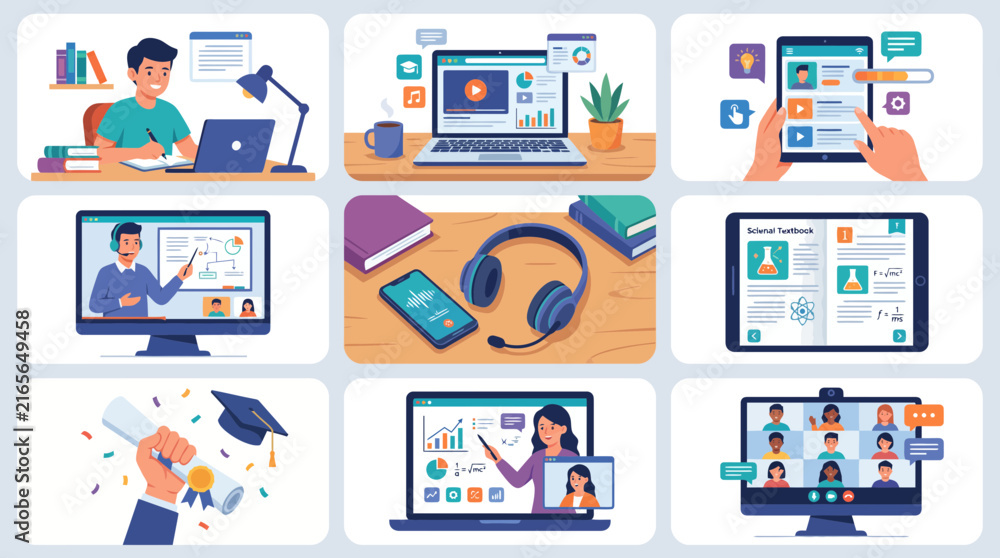 Fototapeta premium Online education concept collection with students studying, video lectures, and digital learning tools