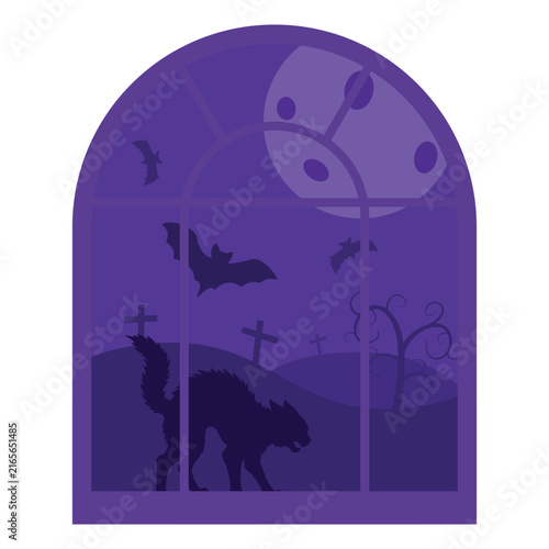 Hissing Cat at Gothic Window with Bats and Moon, Purple Flat Vector Halloween Illustration for Cards, Stickers, Crafts and Seasonal Design