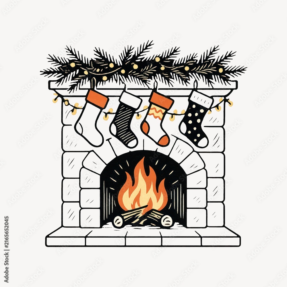 Fototapeta premium Cozy festive fireplace illustration.