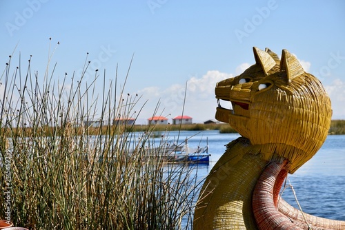 Traditional totora reed boat on Lake Titicaca, Peru