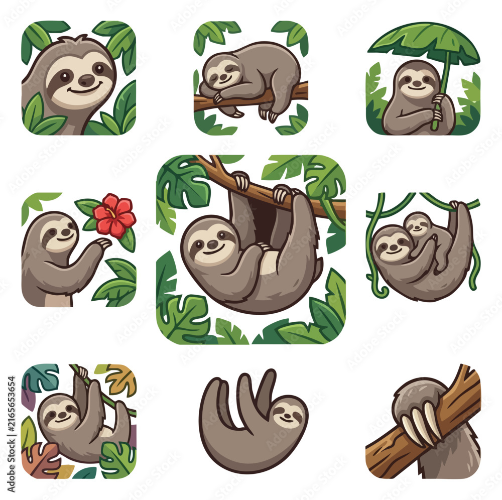 Naklejka premium Cute sloth illustrations with tropical leaves and flowers
