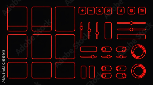 Futuristic Red Neon UI UX Component Set with Buttons, Sliders, and Control Panels on Dark Background