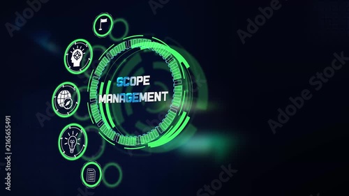 Managing project scope management workflow visualized on dark cyan glowing futuristic technological hud interface screen