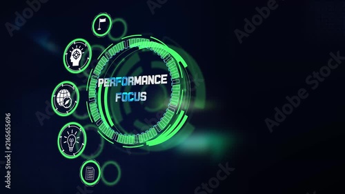 Analyzing strategic performance focus metrics through glowing digital interface equipped with interactive research icons