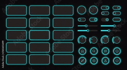 Modern Dark Mode UI UX Kit Featuring Cyan Neon Cards, Knobs, and Action Icons