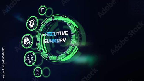 Evaluating strategic executive summary metrics through modern digital technology display featuring dynamic corporate icons visual
