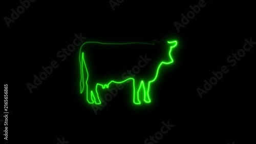 Neon green cow outline glowing animation on black background