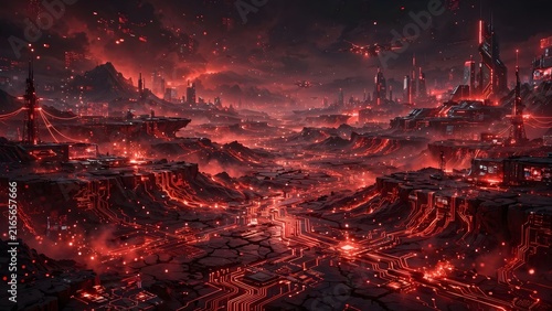 Futuristic city landscape with glowing circuits and fiery atmosphere