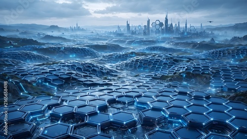 Futuristic cityscape with hexagonal terrain