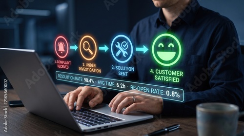 Customer complaint resolution workflow with laptop and holographic service dashboard showing investigation, solution delivery, satisfaction, resolution rate and response time