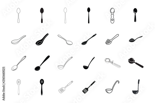 Different line and silhouette spoon set for kitchen and regular use. Teaspoon, tablespoon, dessertspoon, soup, ladle, ice-cream, slotted etc.