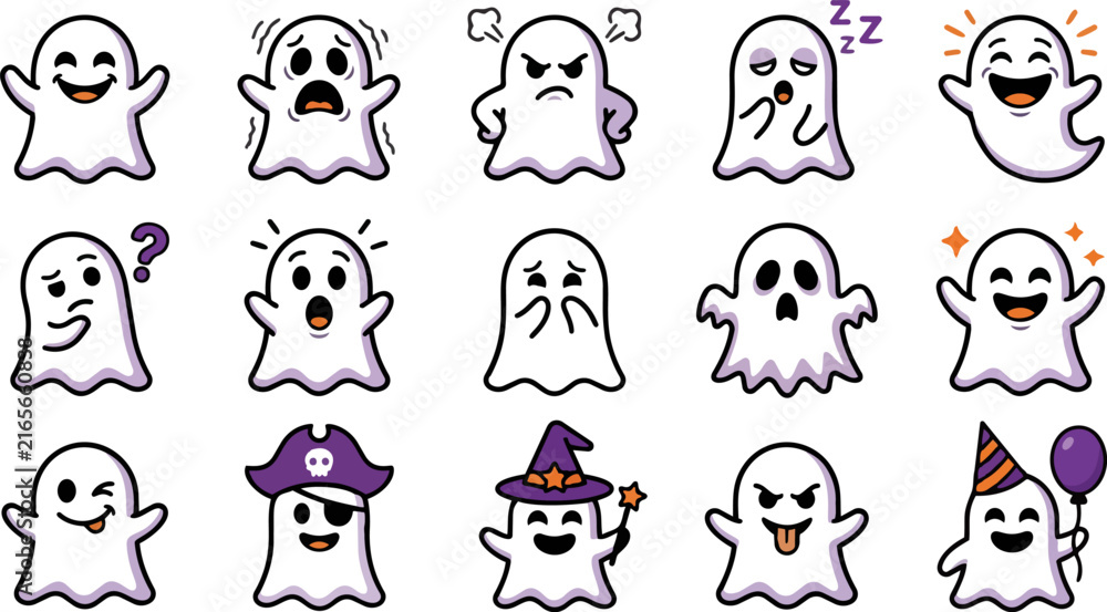 Fototapeta premium Set of cute hand drawn ghosts with various expressions and accessories for halloween themed designs and creative projects