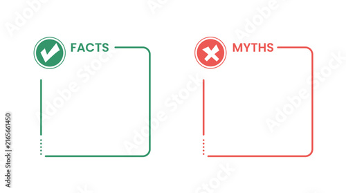 Facts and myths square frames with green check and red cross icons vector illustration
