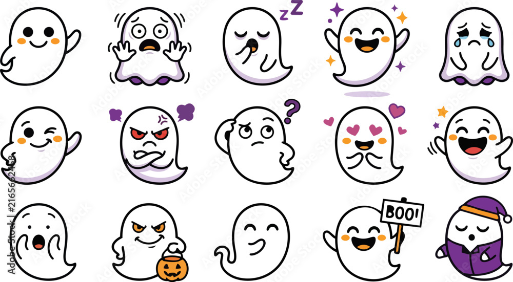 Fototapeta premium Set of cute hand drawn ghosts with various expressions and accessories for halloween themed designs and festive holiday decorations