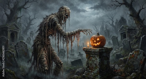 Spooky Halloween mummy in dark cemetery with jack o lantern