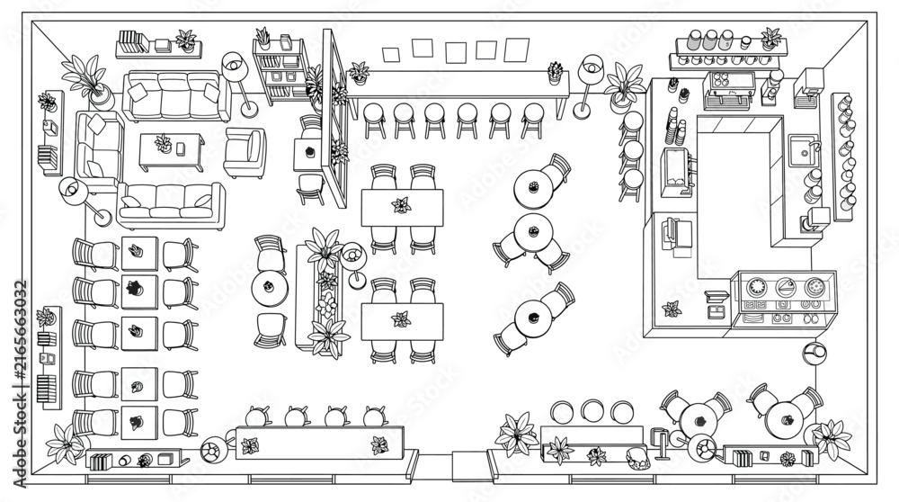 Fototapeta premium Top view of a modern coffee shop interior floor plan with furniture, tables, chairs, sofas, counter, and decor elements, architectural design layout