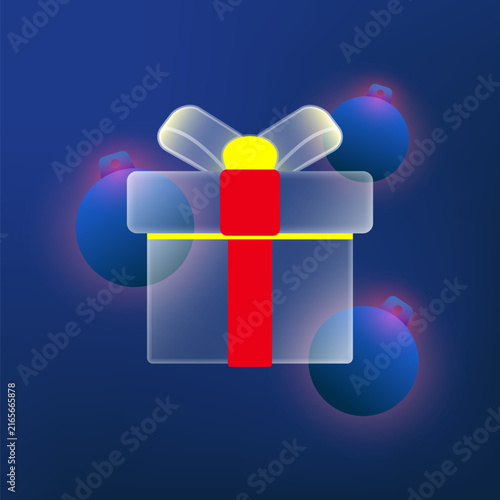 Christmas gift box icon in glass style on blue background
