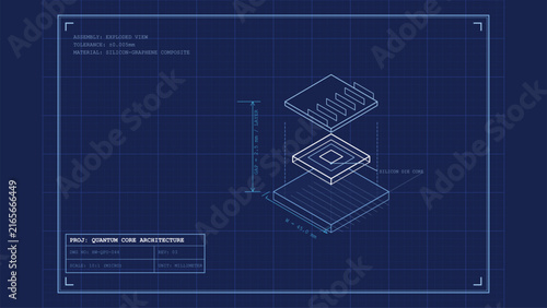 Obraz na płótnie Quantum core architecture microchip exploded view technical blueprint schematic