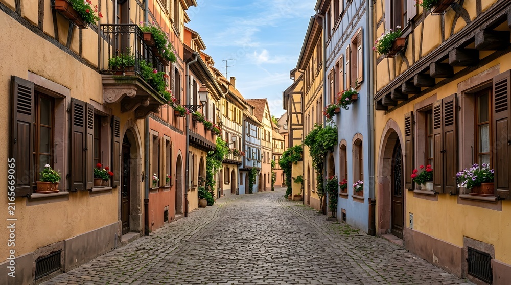 Fototapeta premium Charming cobblestone street with colorful half-timbered houses in a historic European town.