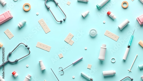 Medical and healthcare concept background featuring stethoscopes, pills, syringes, and various clinical instruments neatly arranged on a vibrant blue surface