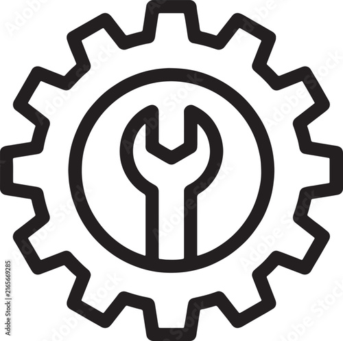 Simple black outline icon of a gear with a wrench inside representing mechanical repair and maintenance services