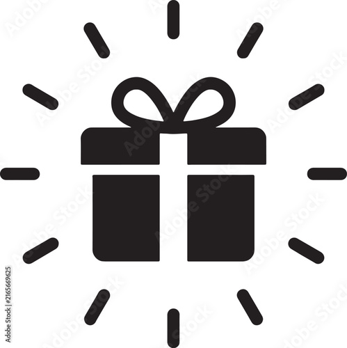 Simple black icon of a gift box with a bow surrounded by radiant light rays isolated on white