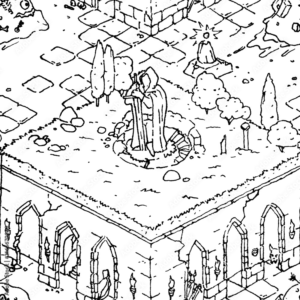 Obraz premium Hand-drawn fineliner seamless pattern of a fairytale dungeon map with heroes and a slime boss. Line art style. Perfect for indie game assets, geek merchandise, TTRPG maps, packaging, and textiles.