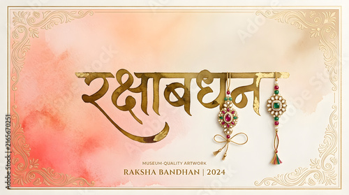 Raksha Bandhan golden Devanagari banner with embellished Rakhis, peach watercolor and ornate border design
