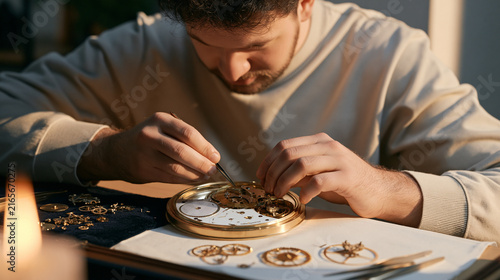 Clock restorer bent over a dismantled mantel clock by candlelight, tweezers lifting a hairspring into position, escapement parts arranged on velvet, amber flame casting warm