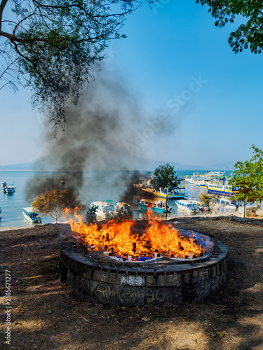 Mayan Altar burning by the Lake Atitlan, Panajachel, Solola Department, Guatemala