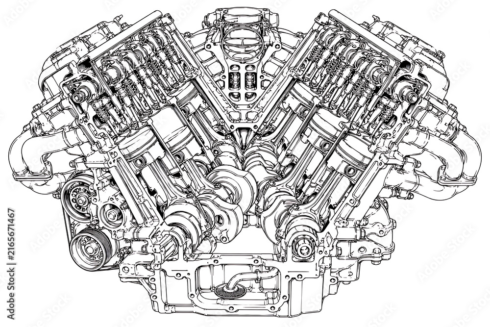 Fototapeta premium V8 engine cutaway technical illustration, V8 engine diagram, automotive engineering illustration, engine cross section, internal combustion engine, detailed engine components, mechanical engineering d