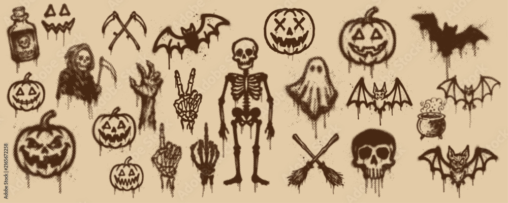 Obraz premium Halloween spooky dot art set with creepy creatures, skeletons, pumpkins and horror symbols