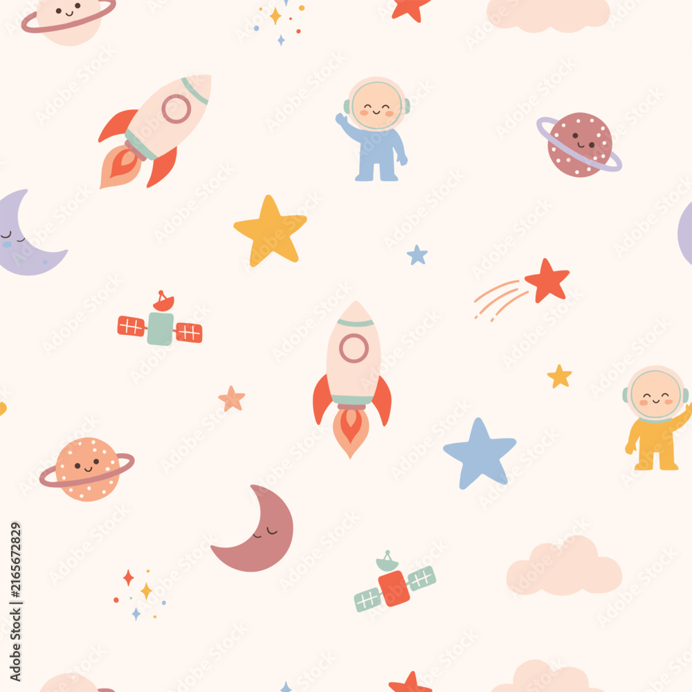 Naklejka premium Seamless pattern with cute cartoon space elements like rockets astronauts and stars