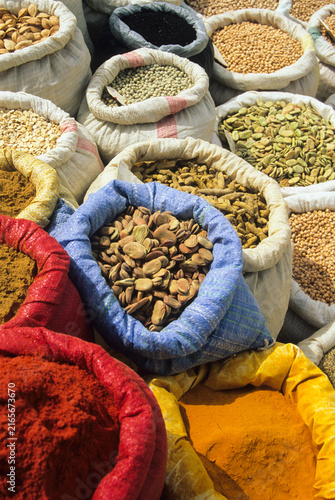 Market scene with pulses beans and spice powders in Djerba island Tunisia