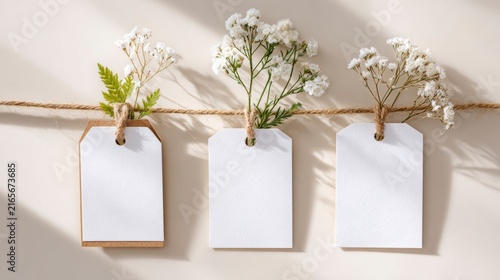 Aesthetically Displayed Blank Tags Adorned with Delicate Flowers, Perfect for Customization and Personal Touch in Various Creative Projects