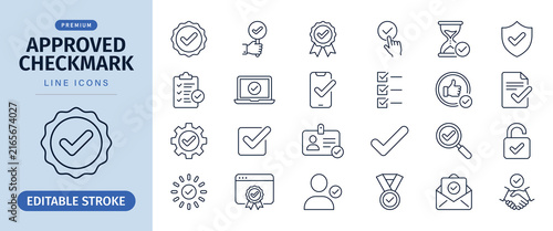 Approved checkmark line icon set for verified badge and quality assurance, vector illustration 