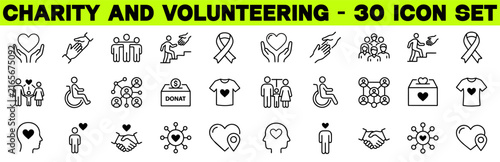 Charity and Volunteering Icon Set – Donation, Community, Support and Helping Hands Editable Stroke Vector Line Icons