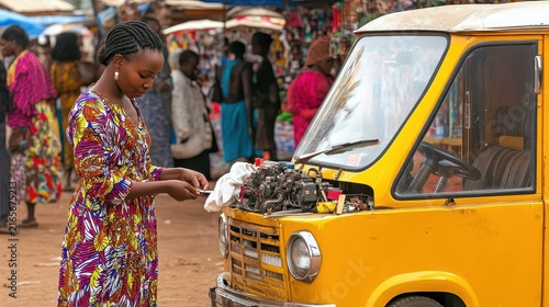 A young woman in a vibrant African print dress examines a yellow vehicle's engine, possibly in a bustling market setting