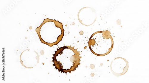 Coffee cup rings and brown liquid stains isolated on a white background